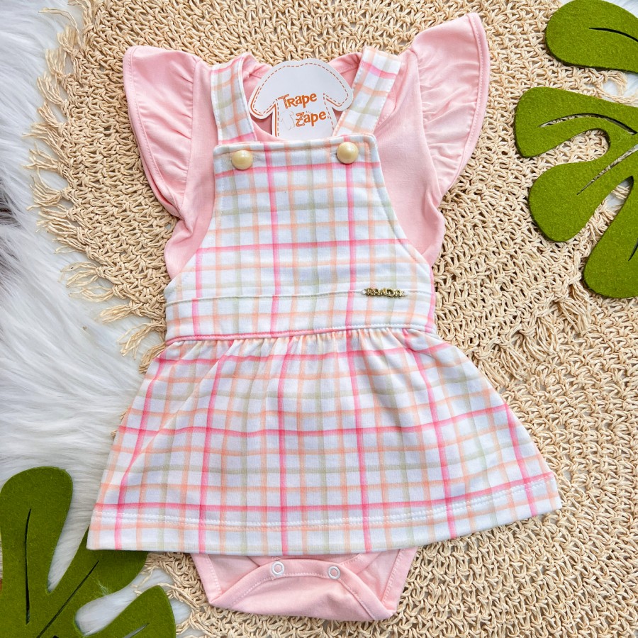 Conj. Body Manga Curta e Salopete Xadrez - Rosa